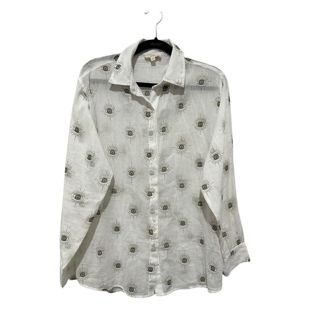 Elan Cotton Evil Eye Print Point Collar Long Sleeve Button Front Shirt. Size S - Picture 10 of 10
